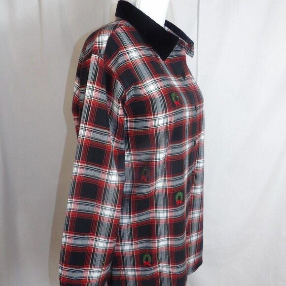 Vintage Christmas Plaid Blouse / Black Velvet Collar - Picture 4 of 6